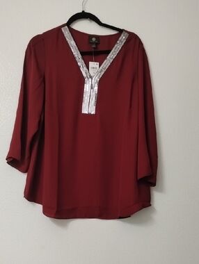 CeCe Burgundy V-Neck Blouse with Silver Sequin Trim